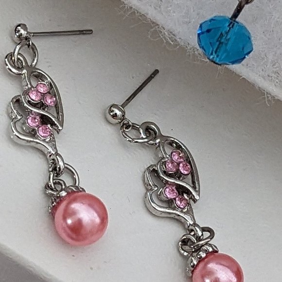 Cute Pink Heart Pearl and Crystal Earrings and Blue Crystal Dangle Bundle up - Picture 2 of 9